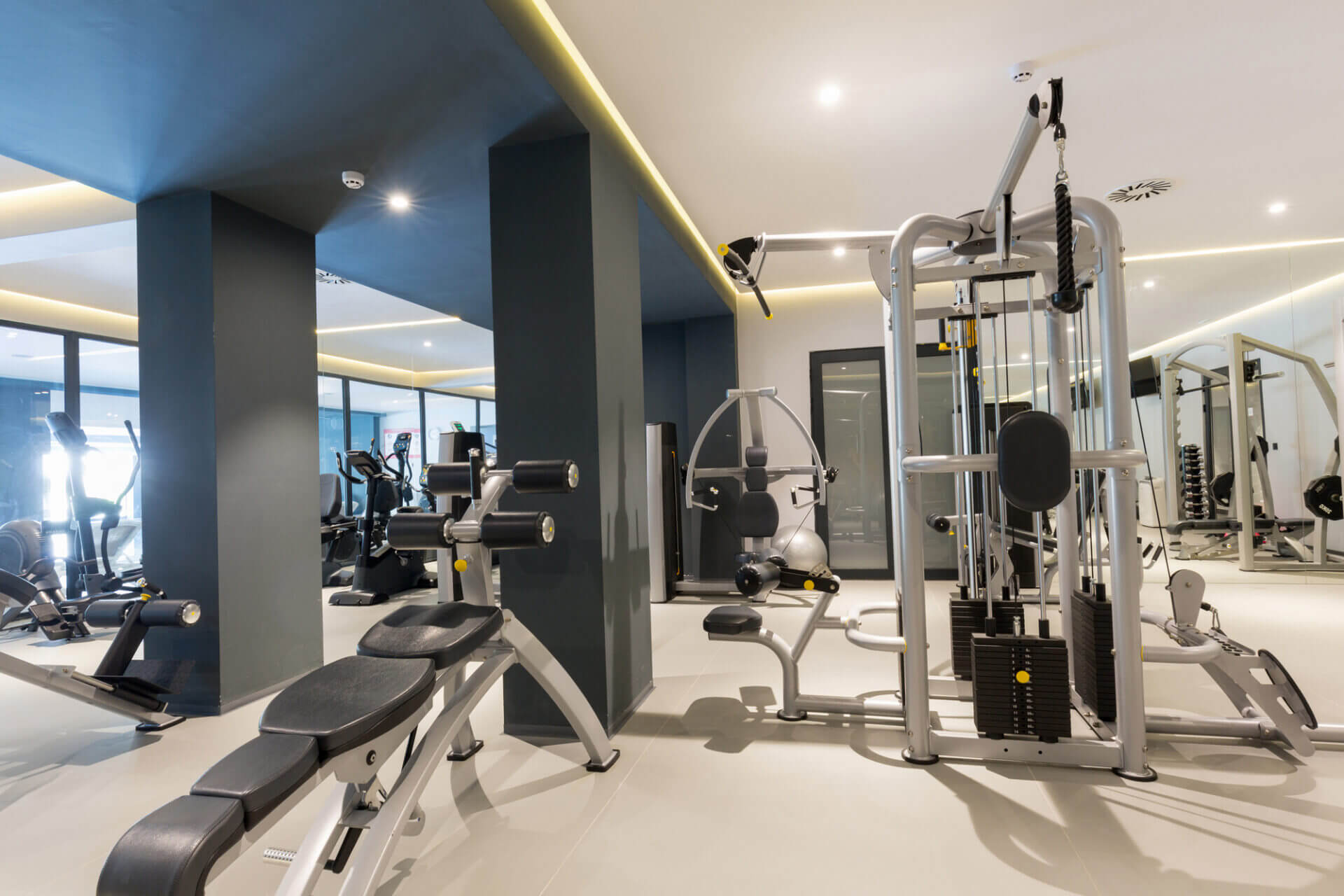 Interior of a hotel gym with equipment